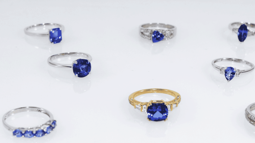 collection of different Tanzanite rings