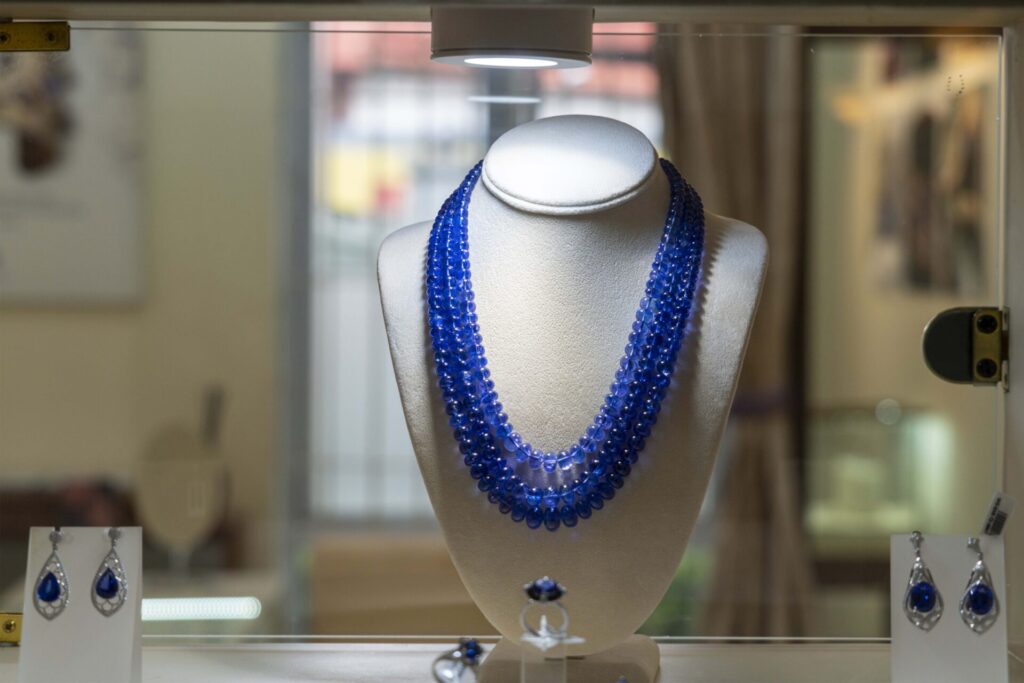 Tanzanite Jewelry necklace displayed at the The Tanzanite Experience Shop
