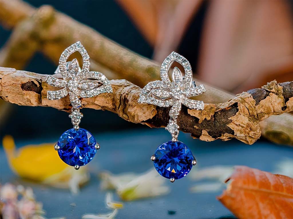 The beauty of blue tanzanite earrings as seen from the Tanzanite Experience